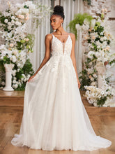 Applique Tief V-Ausschnitt Spaghettiträger Brautkleid Elfenbein