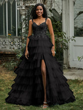 Herzform Rüschen Rock Stufen Tüll Kleid mit Schlitz Schwarz