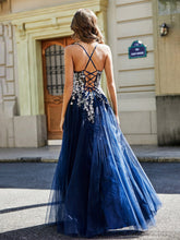 Spitze Applique Offener Rücken Lang Tüll Kleid Dunkelmarine