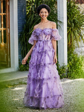 Boho Schulterfrei Rüschenrock Tüll Kleid Lila Übergröße