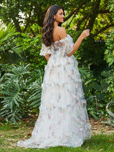 Boho Schulterfrei Rüschenrock Tüll Kleid Elfenbein