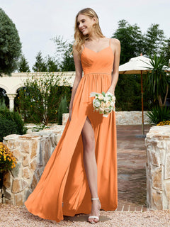 V-Ausschnitt Spaghettiträger Brautjungfernkleid mit Schlitz Orange