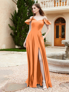 Schulterfrei Satin Brautjungfernkleid mit Tasche Orange