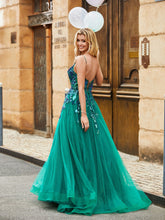 Pailletten Mieder Tiefer V-Ausschnitt Sweep Zug Tüllkleid Pfau