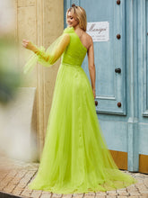 Geschichtetes Blumen One-Shoulder A-Linie Tüllkleid Lindgrün