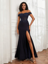 Applique Bodenlang Jersey Kleid mit Schlitz Dunkelmarine