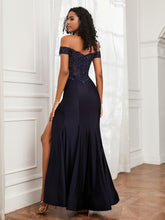 Applique Bodenlang Jersey Kleid mit Schlitz Dunkelmarine