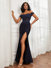 Applique Bodenlang Jersey Kleid mit Schlitz Dunkelmarine