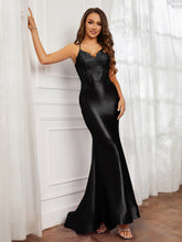 V-Ausschnitt Applique Spaghettiträger Meerjungfrau Kleid Schwarz