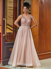 Illusion Hals Perlen Strass Dekor A-Linie Tüllkleid Staubige Rosa