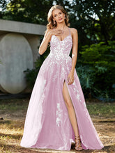 Spitze Applique Hoher Schlitz Tüll Kleid Zartrosa