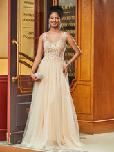 Boho Spitze Mieder Quadratisch Neck A-Linie Tüllkleid Champagner