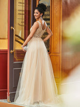 Boho Spitze Mieder Quadratisch Neck A-Linie Tüllkleid Champagner