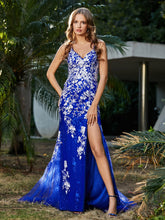 Spitze Applique Hoher Schlitz Eingebaut Tüll Kleid Königsblau