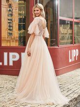 V-Ausschnitt Flatterärmel Strass Dekor Sweep Zugkleid Pfirsich