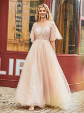 V-Ausschnitt Flatterärmel Strass Dekor Sweep Zugkleid Pfirsich