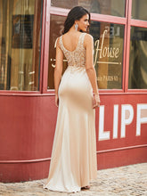 Boho Spitze Mieder Quadratisch Neck Stretch Satin Sheath Kleid Champagner