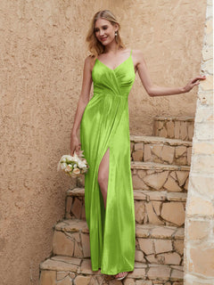 V-Ausschnitt Samt Kleid mit Schlitz Limettengrün