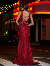 Lang Etui Tiefer V-Ausschnitt Spitze Kleid Burgunderrot