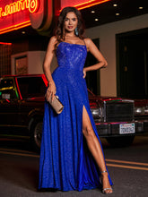 Hoher Schlitz Spitze Oberteil Rücken Perlen Kleid Königsblau