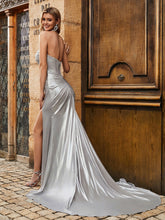 Plissee Korsett Oberteil Meerjungfrau Kleid mit Schlitz Silber