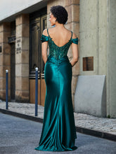 Schulterfrei Korsett Oberteil Satin Kleid Dunkelgrün