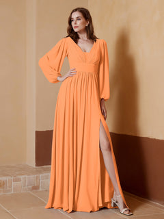 Tiefer V-Ausschnitt Bodenlang Kleid mit Schlitz Orange