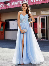 V-Ausschnitt Korsett Oberteil Tüll Kleid Himmelblau