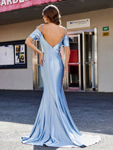 Schulterfrei Plissee Meerjungfrau Satin Kleid Staubiges Blau