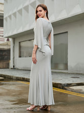 V-Ausschnitt Rüschen Bodenlanges Kleid mit Flatterärmeln Silber