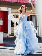 Ärmellos V-Ausschnitt Tüll Ballkleid Himmelblau