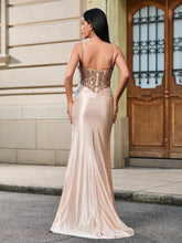 Pailletten Applikationen Korsett Maxi Kleid Champagner