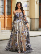 Blumen Applique Satin Tüll A-Linie Kleid mit Pailletten Schwarz