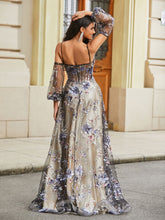 Blumen Applique Satin Tüll A-Linie Kleid mit Pailletten Schwarz