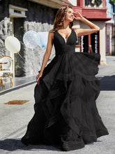 V-Ausschnitt Ärmellos Tüll Ballkleid Schwarz Übergröße
