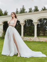 Tüll Spitze Ärmellos Brautkleid mit Schlitz Elfenbein