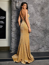 Glitzerndes trägerloses Meerjungfrau-Abschlussballkleid Gold