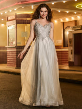 A-Linie Tüll Glitzer Prom-Kleid mit Perlen Champagner