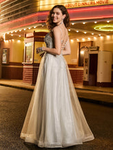 A-Linie Tüll Glitzer Prom-Kleid mit Perlen Champagner