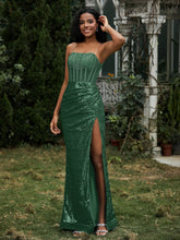 Strass Dekor Paillette Etui Kleid mit Schlitz Dunkelgrün