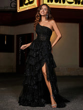 Eine Schulter Rüschen Stufenrock Tüll Kleid Schwarz