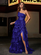 Eine Schulter Rüschen Stufenrock Tüll Kleid Königsblau