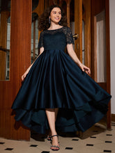 A-Linien-Kleid Mit Kurzen Ärmeln Spitze Und Falten Asymmetrisch Dunkelmarine