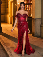 Schulterfrei Pailletten Ballkleid mit Schlitz Burgunderrot