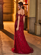 Schulterfrei Pailletten Ballkleid mit Schlitz Silber