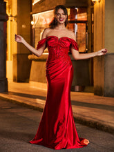 Schulterfrei Spitzen Applikationen Rüschen Lang Kleid Burgunderrot