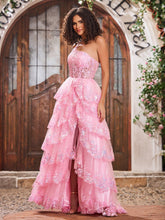 A-Linie Ein-Schulter-Pailletten-Stufenkleid Zartrosa