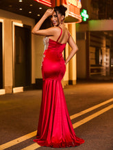 Spaghettiträger Strasssteinen Satin Meerjungfrau Kleid Burgunderrot