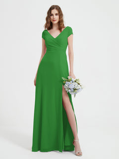 V-Ausschnitt A-Linie Chiffon Kleid mit Schlitz Grün
