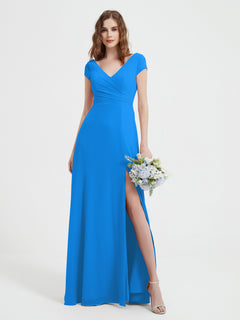 V-Ausschnitt A-Linie Chiffon Kleid mit Schlitz Meerblau